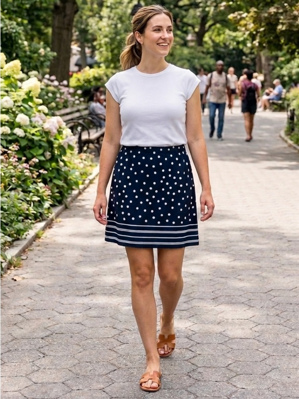 Susan Graver Navy Blue Polka Dot Skort Built-In Shorts Border Stripe Size XS
